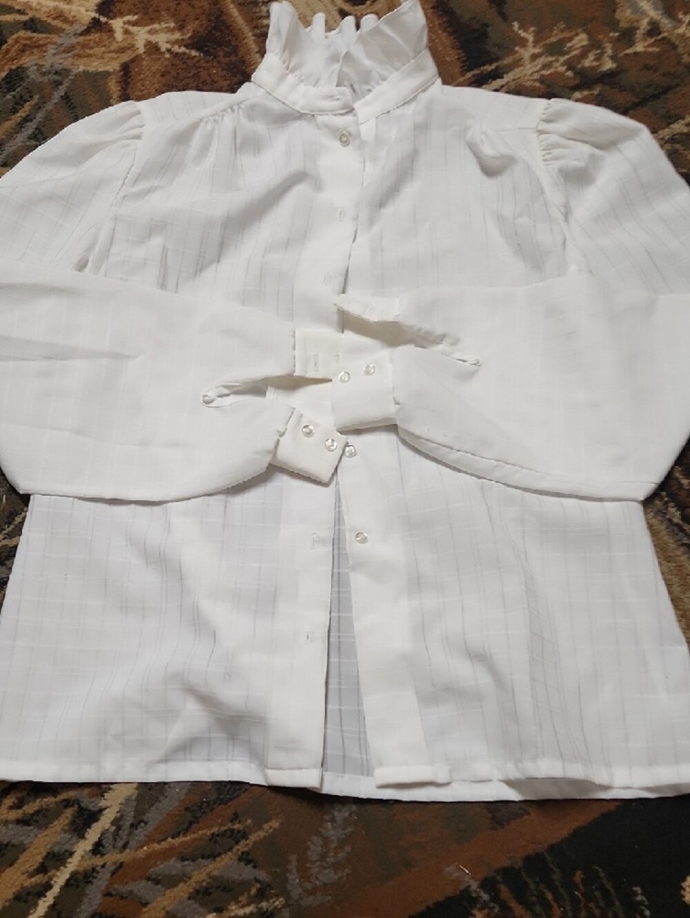 Vintage Ruffled High-Neck White Button-Down Blouse - Picture 7 of 12
